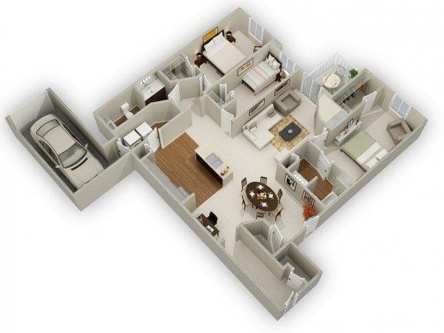 Floor plan for 3 beds, 2 baths, 1366 sqft