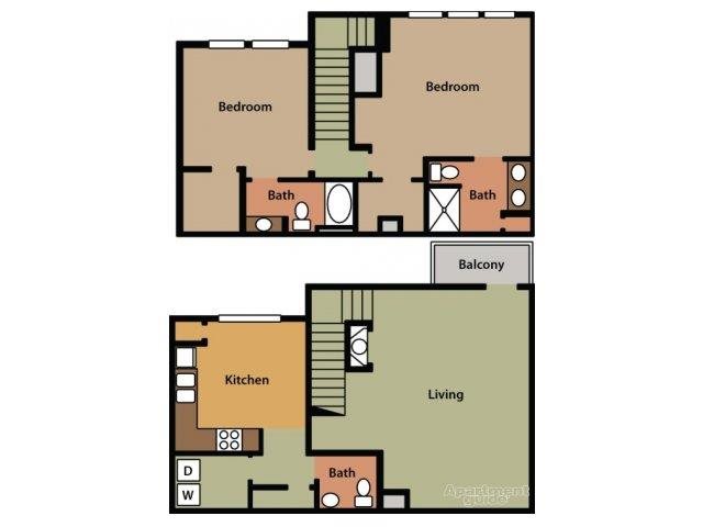 Floor plan for 2 beds, 2.5 baths, 1374 sqft