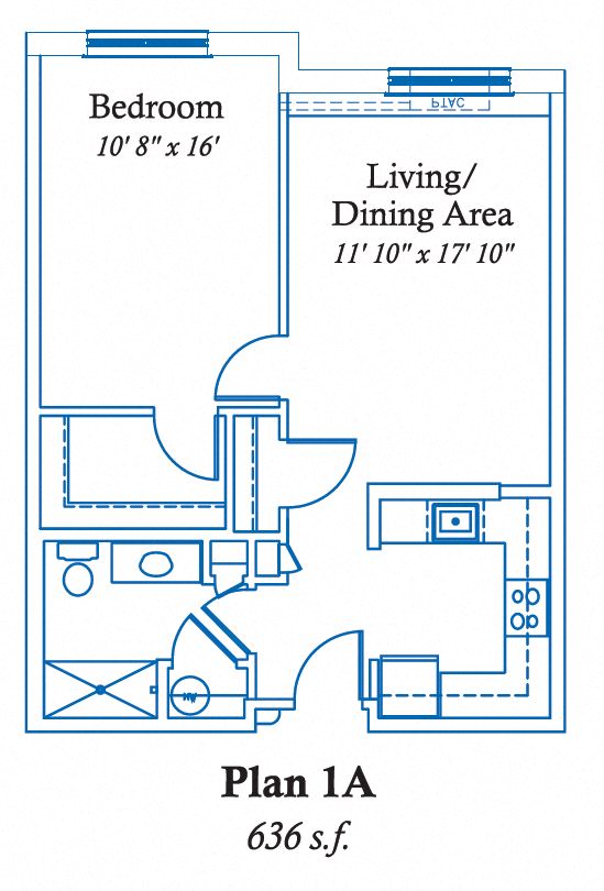 Floor plan for 1 bed, 1 bath, 636 sqft