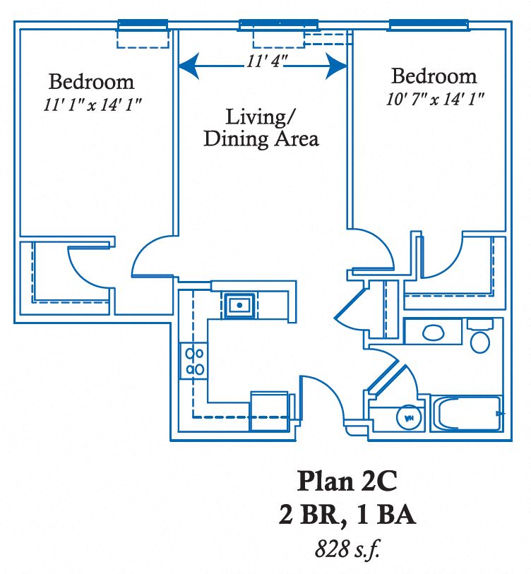 Floor plan for 2 beds, 1 bath, 934 sqft