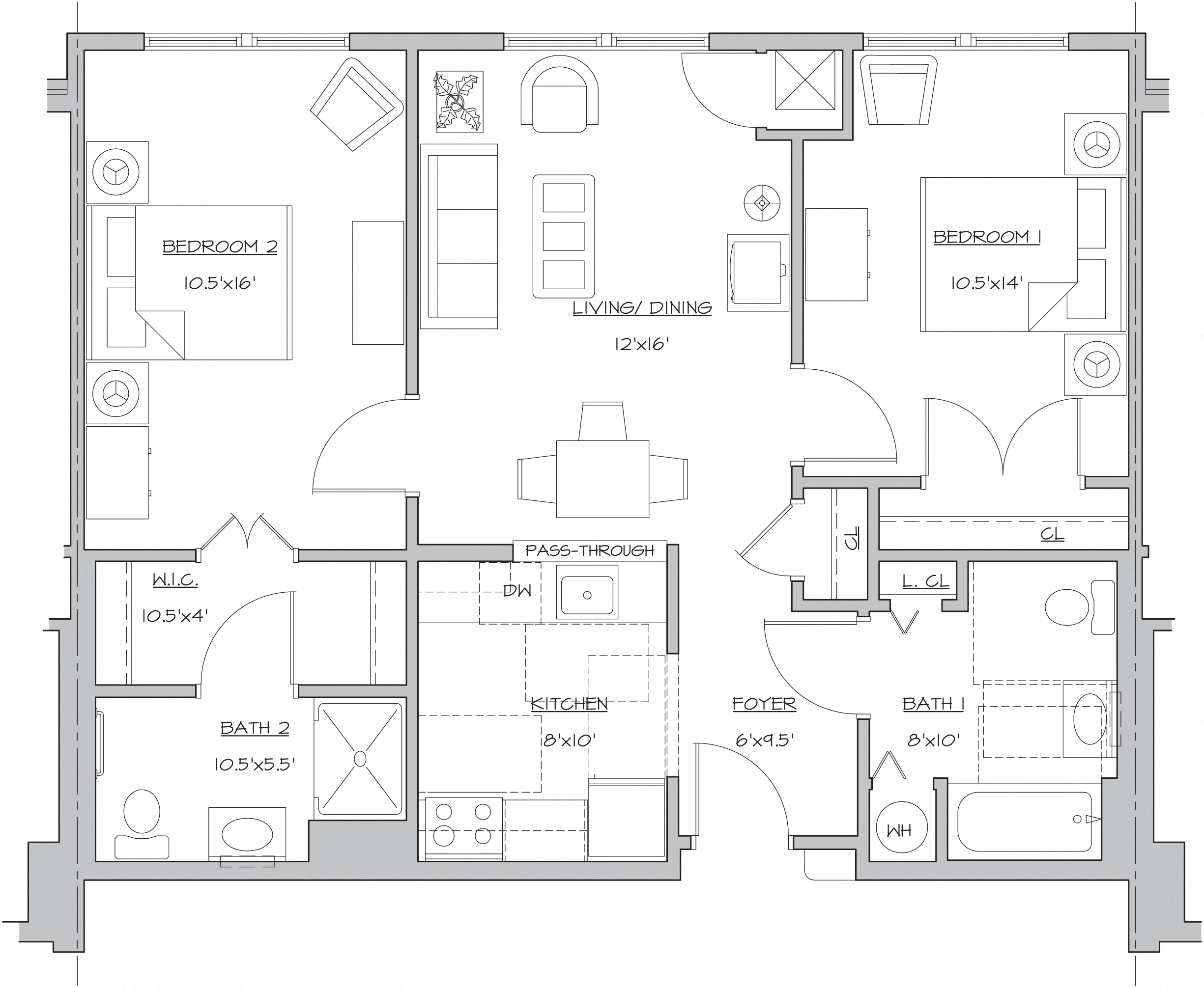 Floor plan for 2 beds, 2 baths, 939 sqft