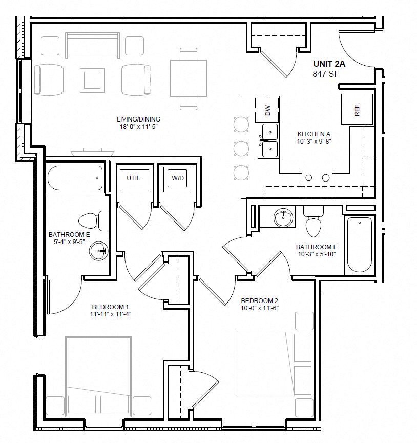 Floor plan for 2 beds, 2 baths, 1037 sqft