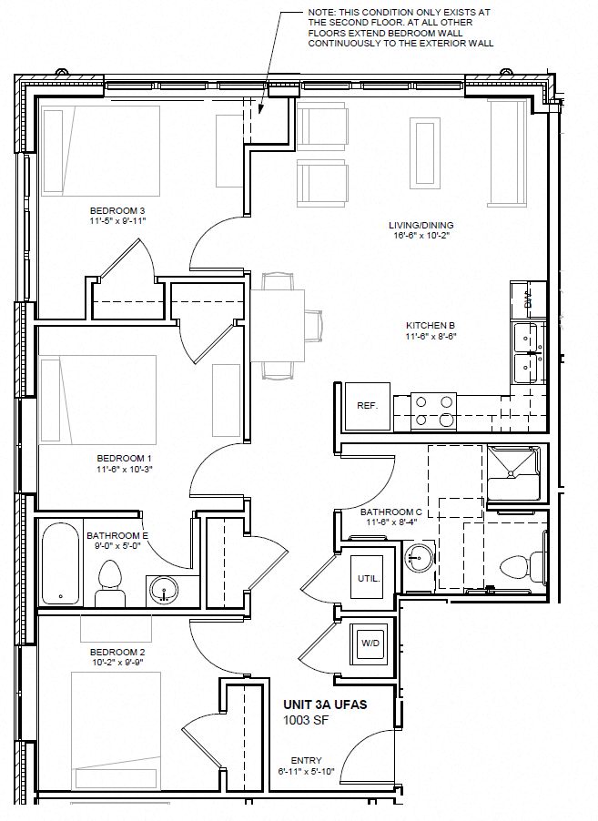 Floor plan for 3 beds, 2 baths, 1006 sqft