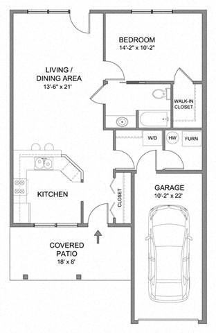 Floor plan for 1 bed, 1 bath, 860 sqft