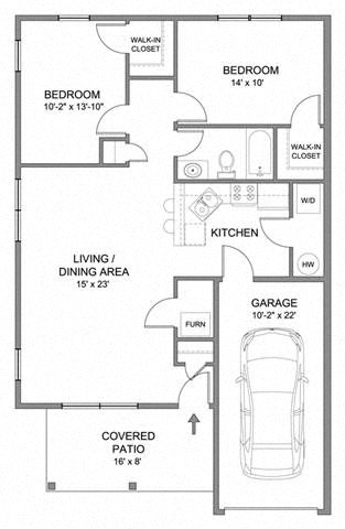Floor plan for 2 beds, 1 bath, 1020 sqft