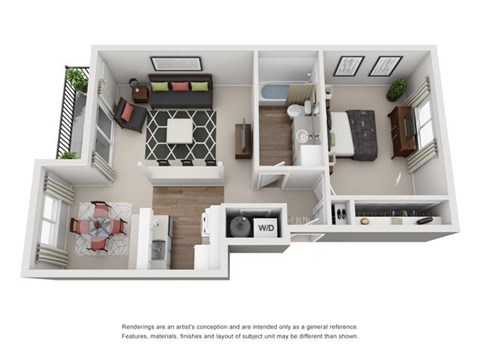 Floor plan for 1 bed, 1 bath, 696 sqft