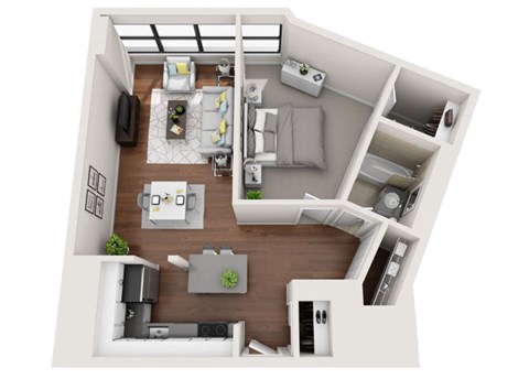 Floor plan for 1 bed, 1 bath, 641 sqft