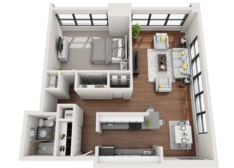 Floor plan for 1 bed, 1 bath, 734 sqft