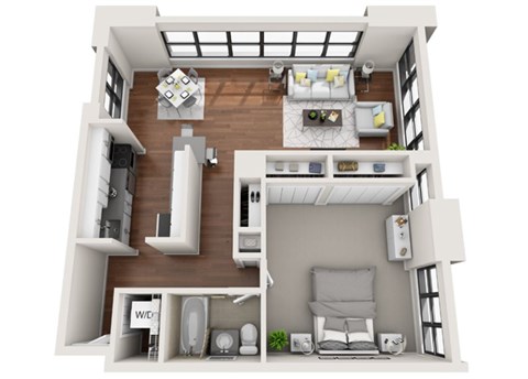 Floor plan for 1 bed, 1 bath, 843 sqft