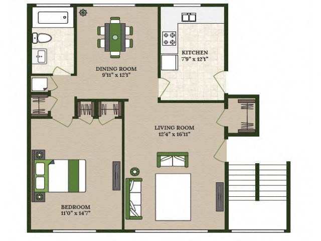 Floor plan for 1 bed, 1 bath, 850 sqft
