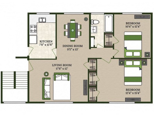 Floor plan for 2 beds, 1 bath, 980 sqft
