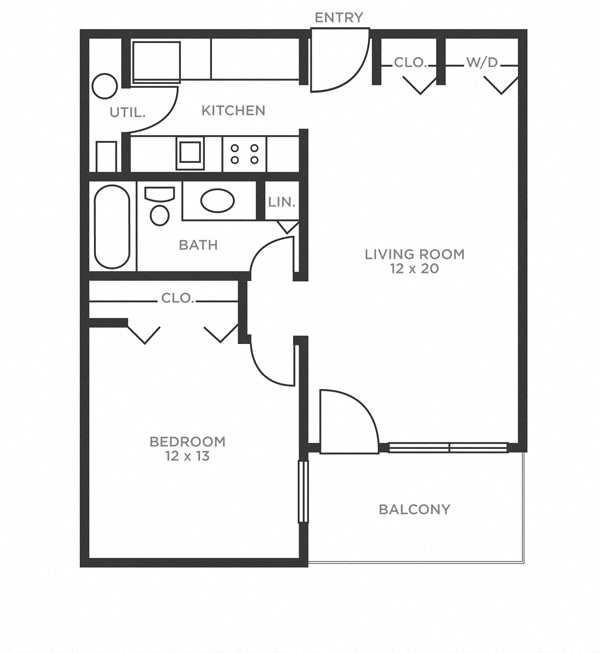 Floor plan for 1 bed, 1 bath, 663 sqft