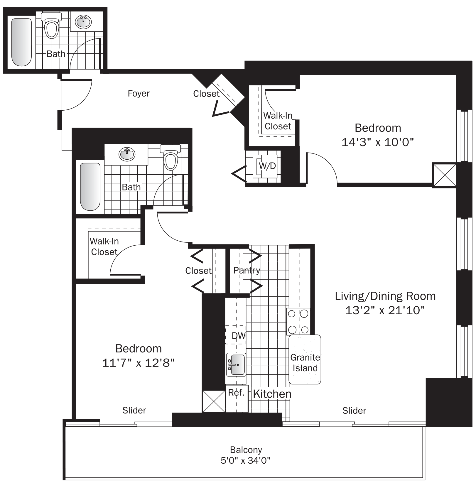 Floor plan for 2 beds, 2 baths, 1325 sqft