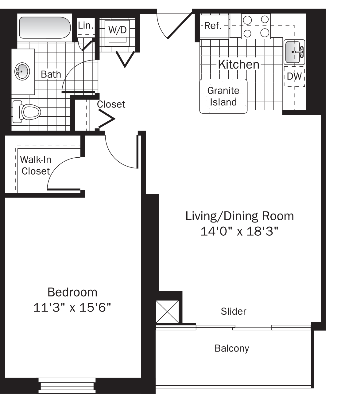 Floor plan for 1 bed, 1 bath, 830 sqft