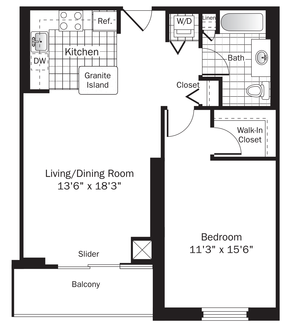 Floor plan for 1 bed, 1 bath, 820 sqft