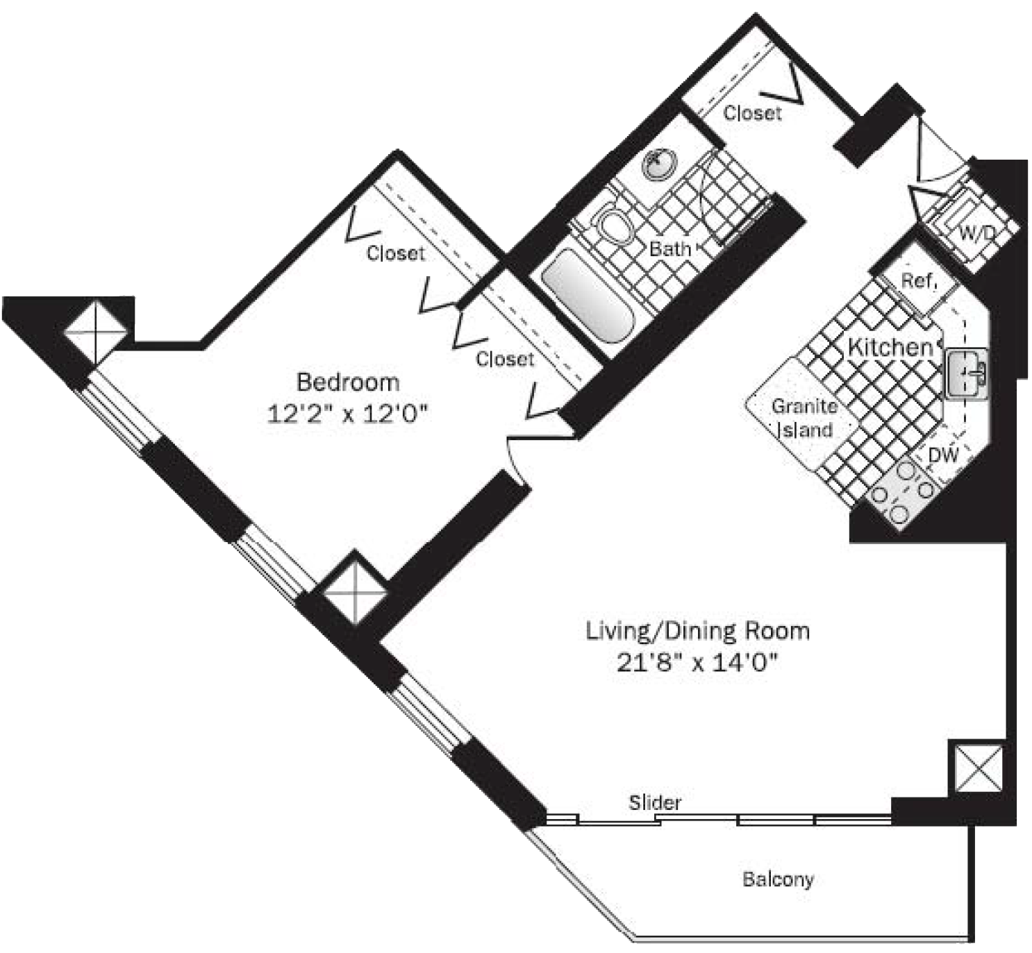 Floor plan for 1 bed, 1 bath, 870 sqft