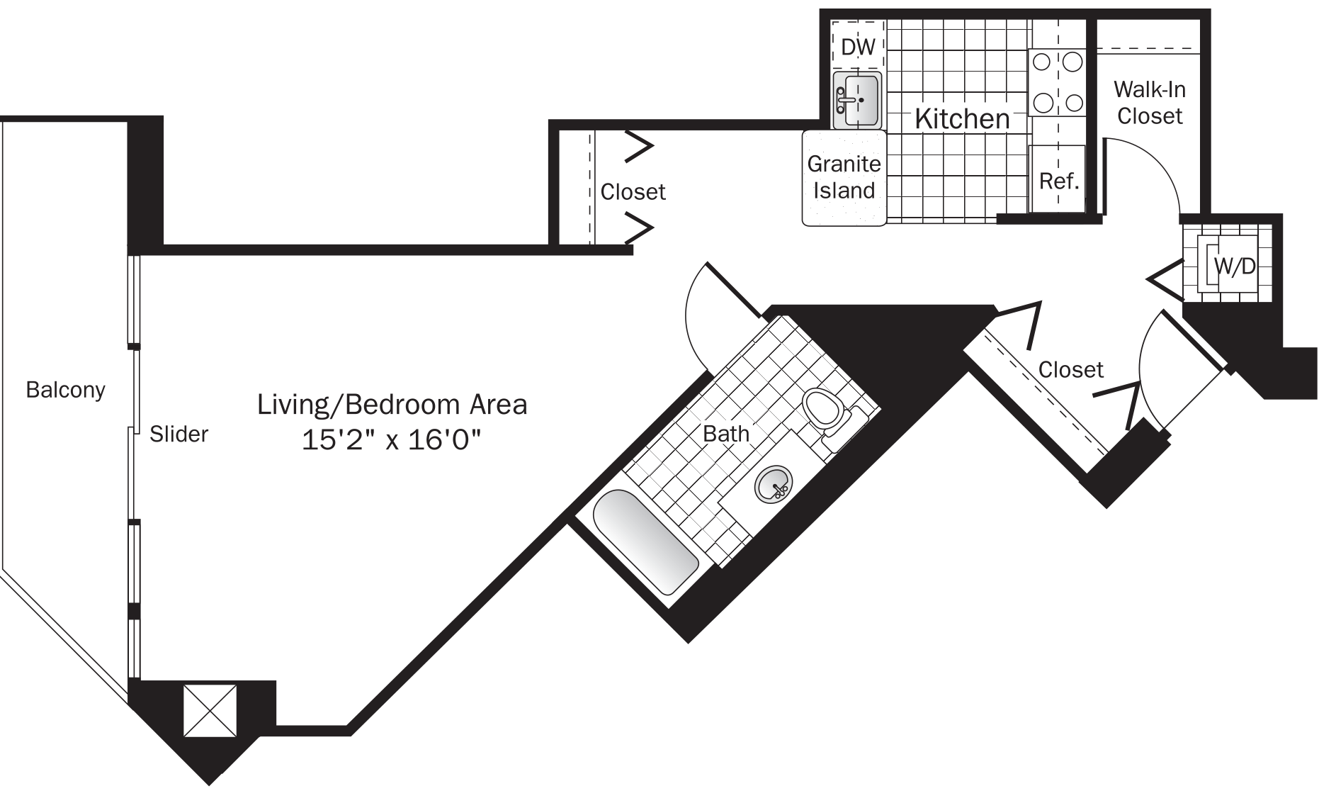 Floor plan for studio, 1 bath, 690 sqft