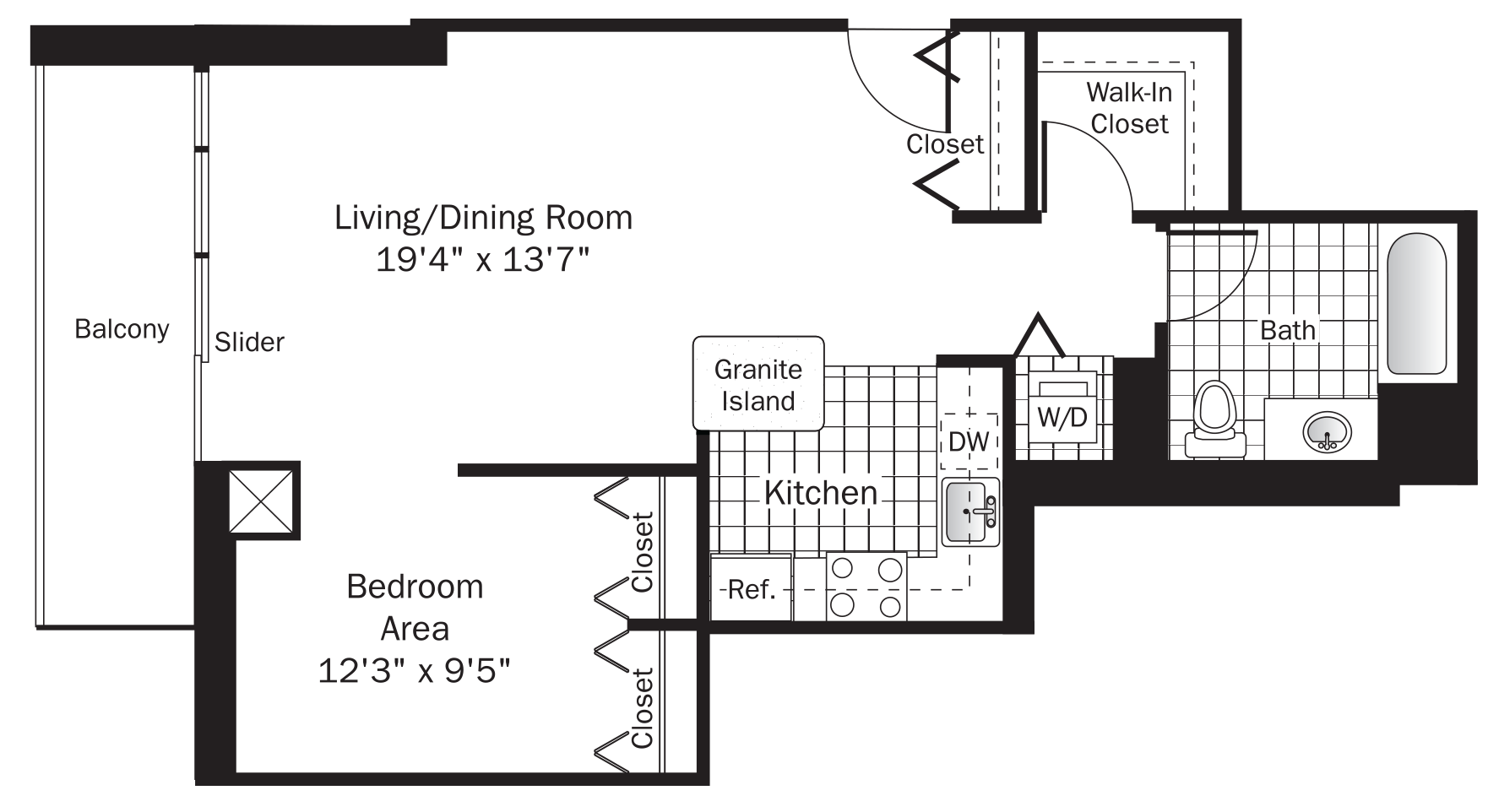 Floor plan for 1 bed, 1 bath, 735 sqft
