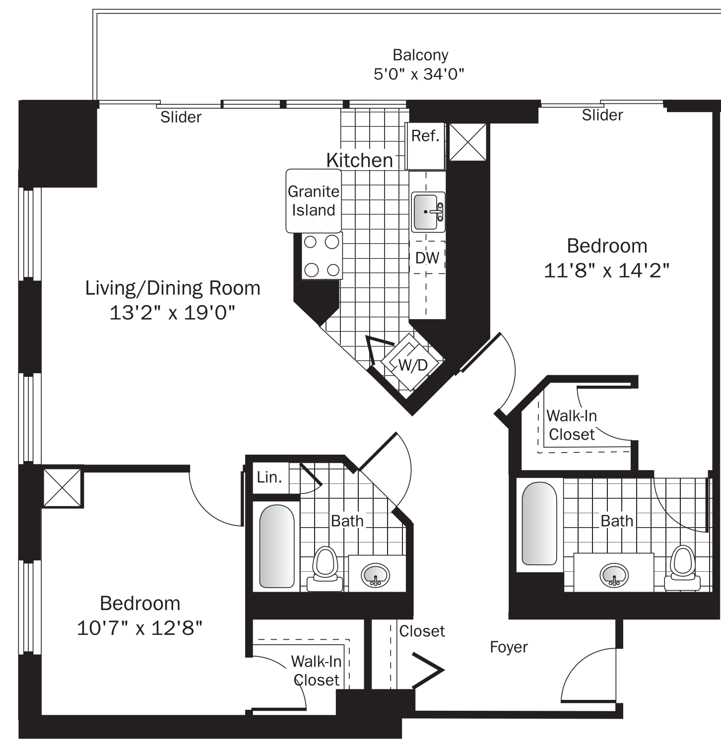 Floor plan for 2 beds, 2 baths, 1210 sqft