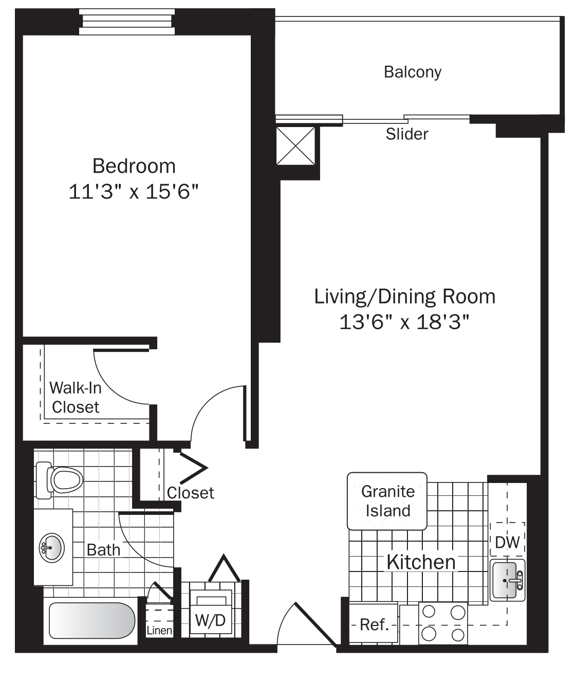 Floor plan for 1 bed, 1 bath, 820 sqft