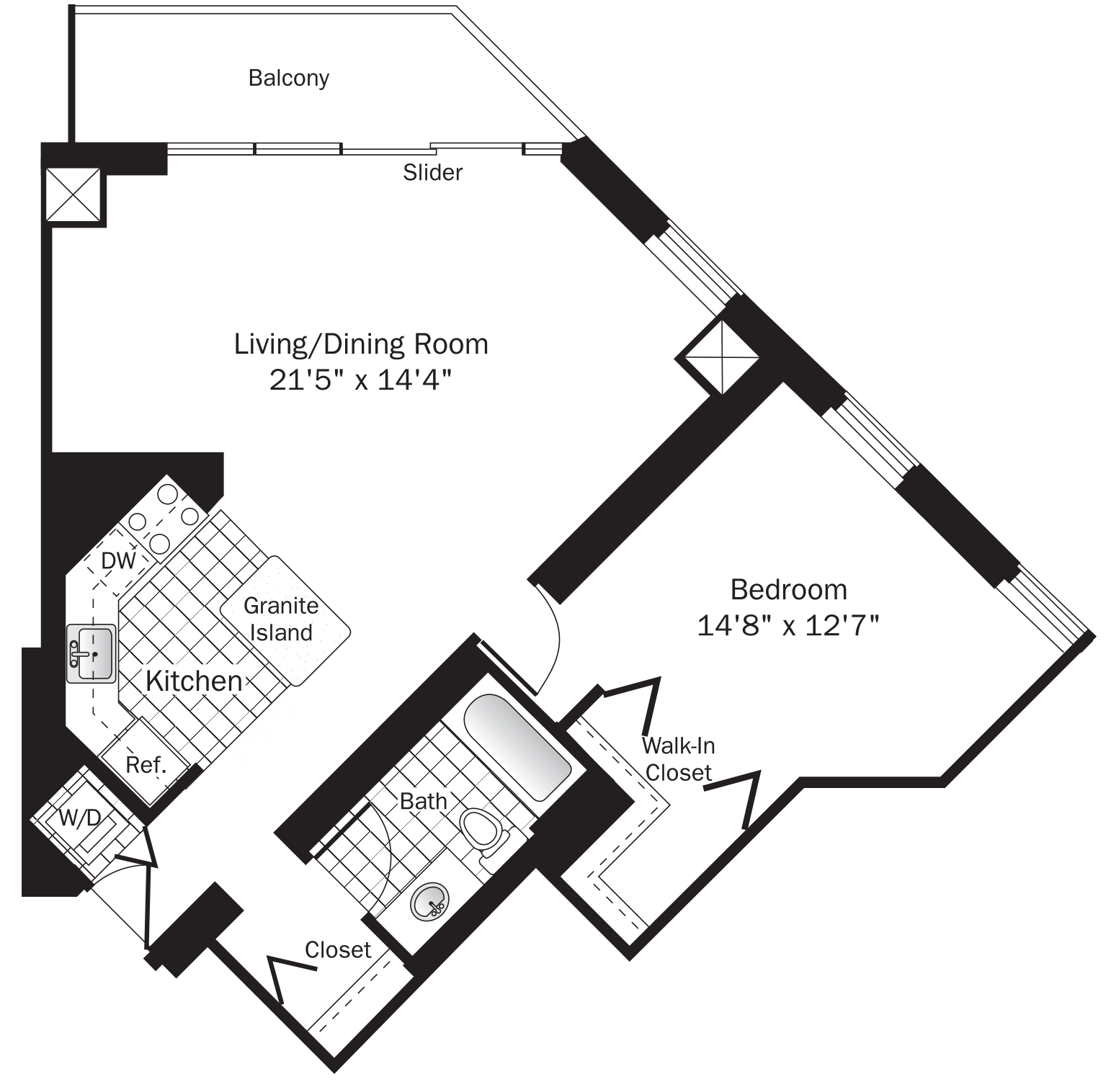 Floor plan for 1 bed, 1 bath, 900 sqft