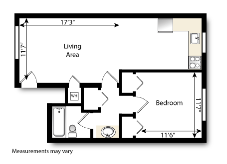 Floor plan for 1 bed, 1 bath, 580 sqft