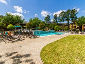 Cypress apartment for rent - our resort style swimming pool is surrounded by lounge chairs and grass