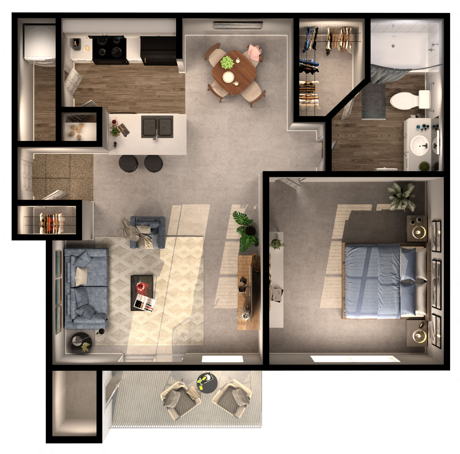 Floor plan for 1 bed, 1 bath, 744 sqft