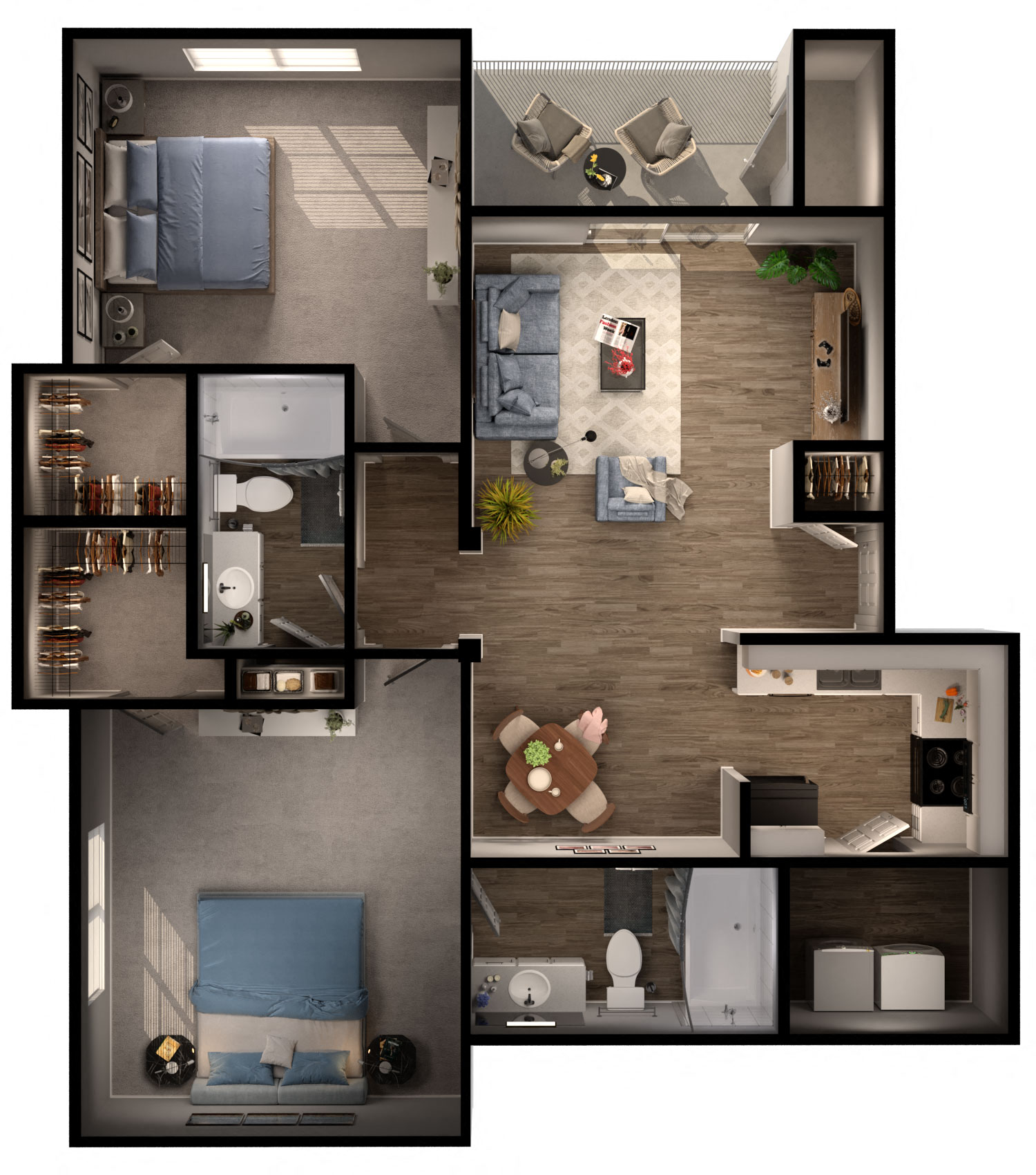 Floor plan for 2 beds, 2 baths, 1000 sqft