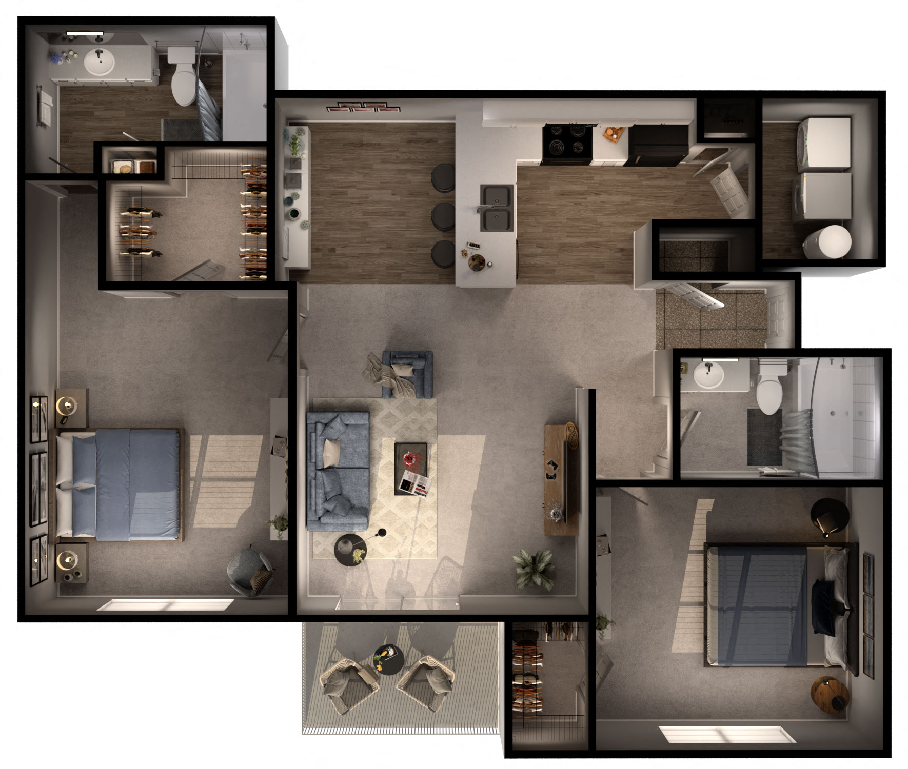 Floor plan for 2 beds, 2 baths, 1155 sqft