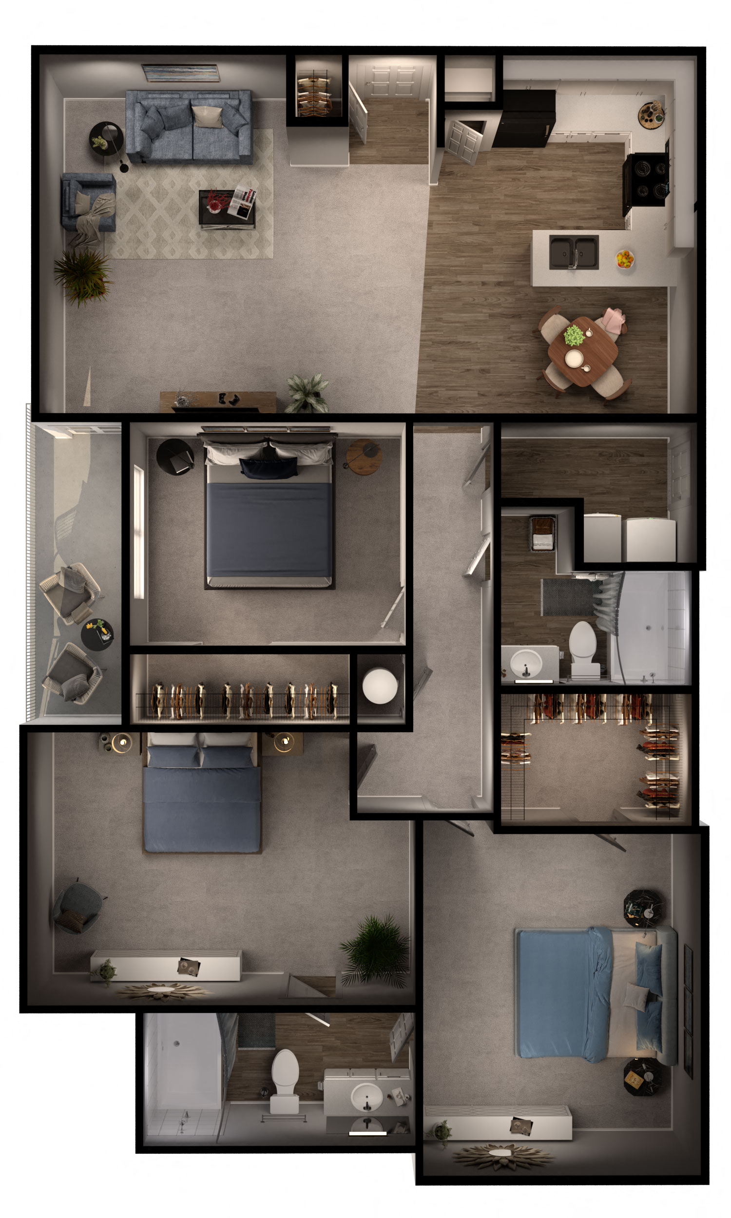 Floor plan for 3 beds, 2 baths, 1355 sqft