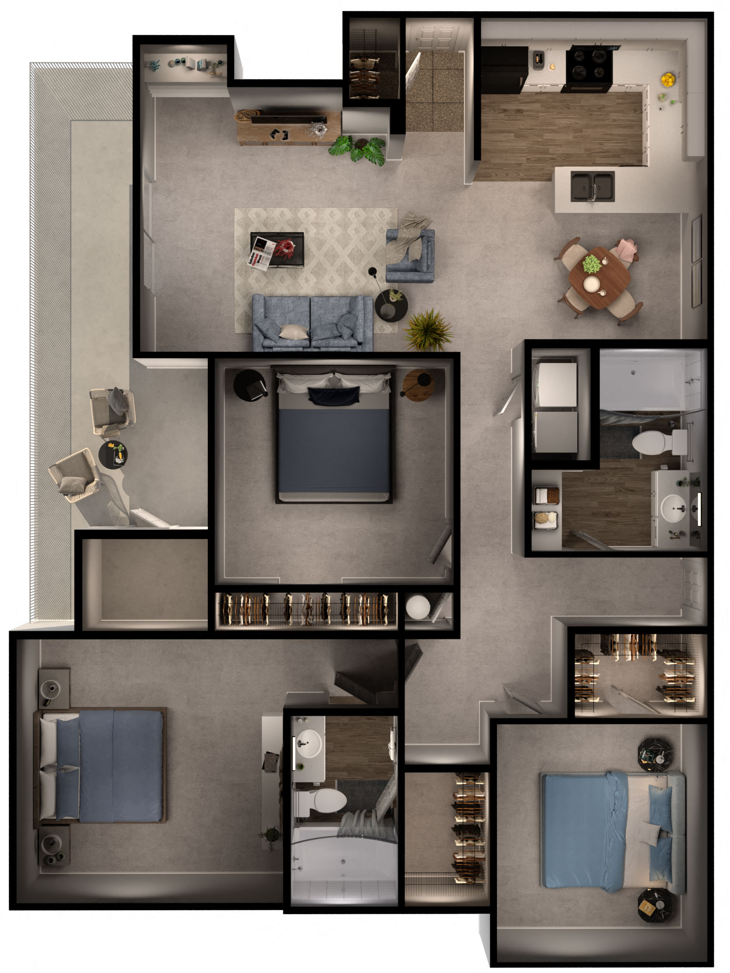 Floor plan for 3 beds, 2 baths, 1368 sqft