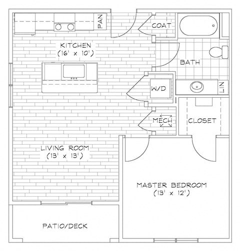 Floor plan for 1 bed, 1 bath, 687 sqft