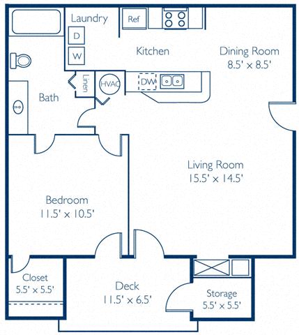 Floor plan for 1 bed, 1 bath, 708 sqft