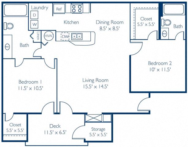 Floor plan for 2 beds, 2 baths, 964 sqft