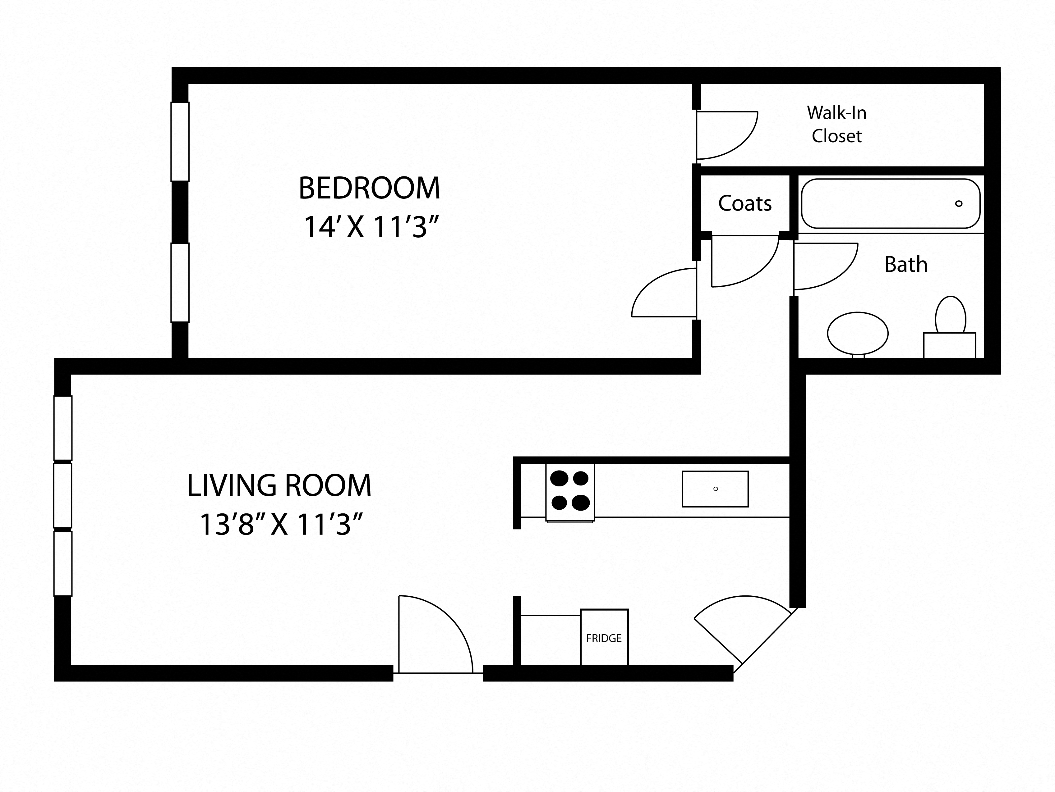 Floor plan for 1 bed, 1 bath, 450 sqft