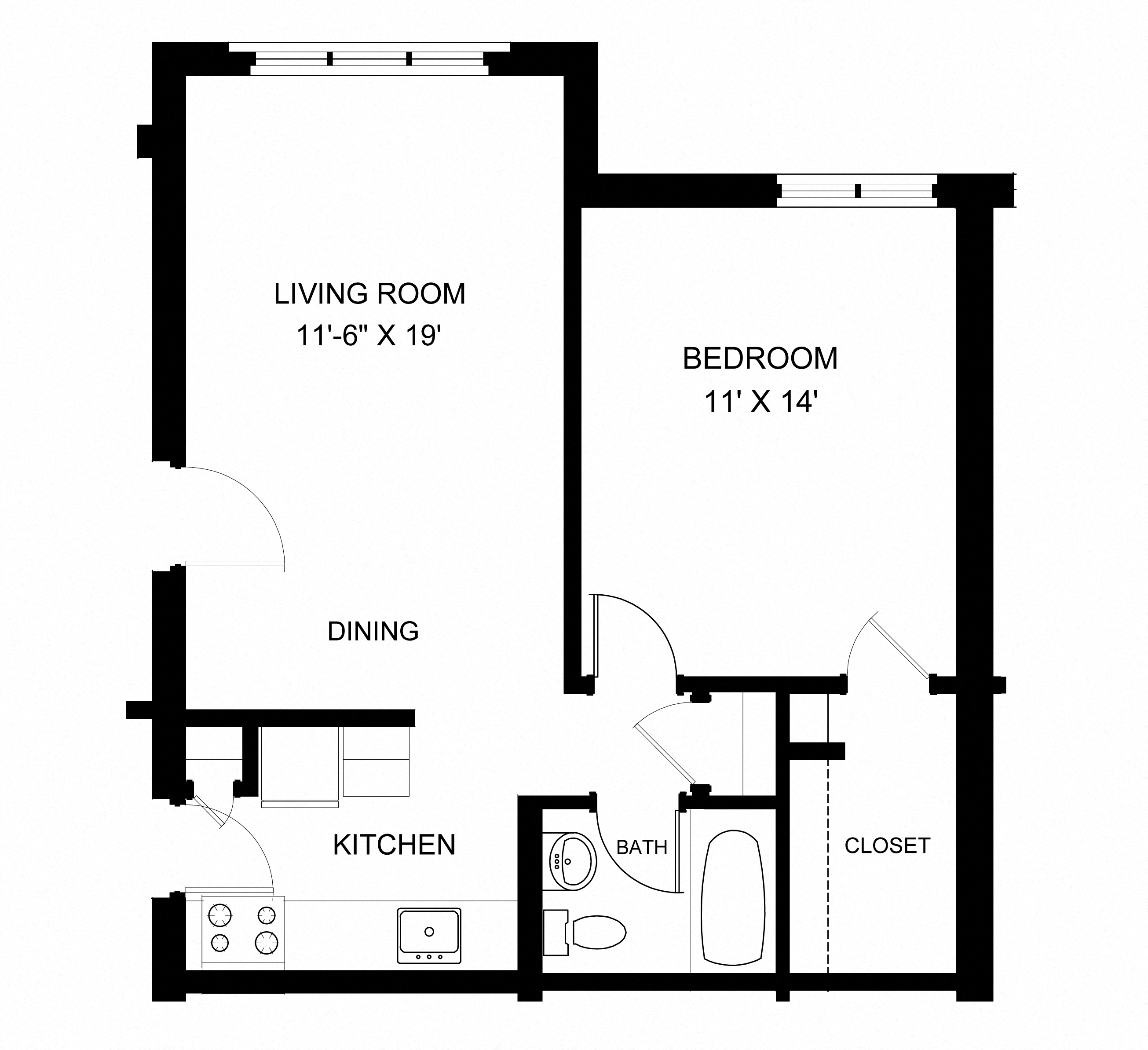 Floor plan for 1 bed, 1 bath, 644 sqft
