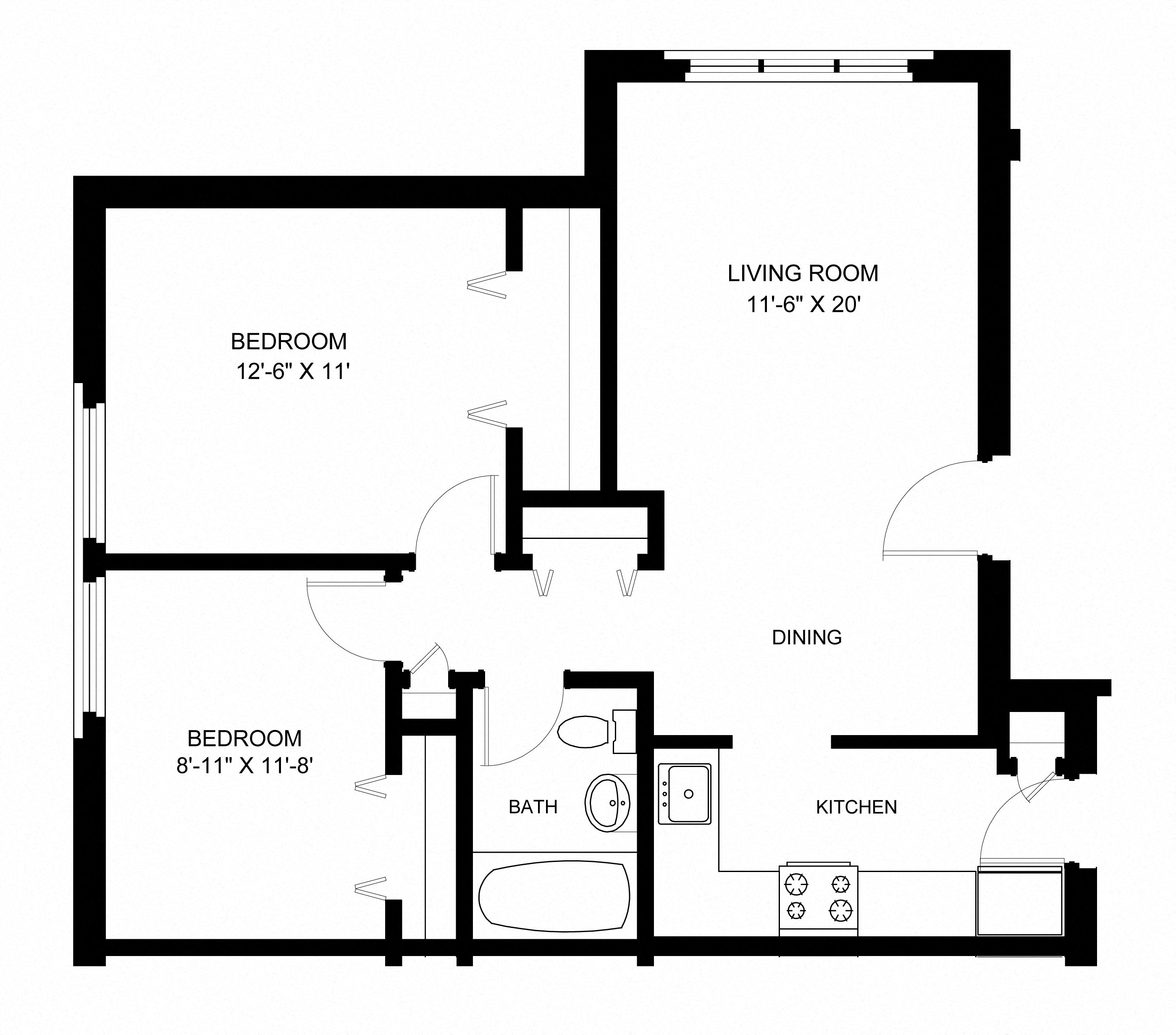 Floor plan for 2 beds, 1 bath, 800 sqft