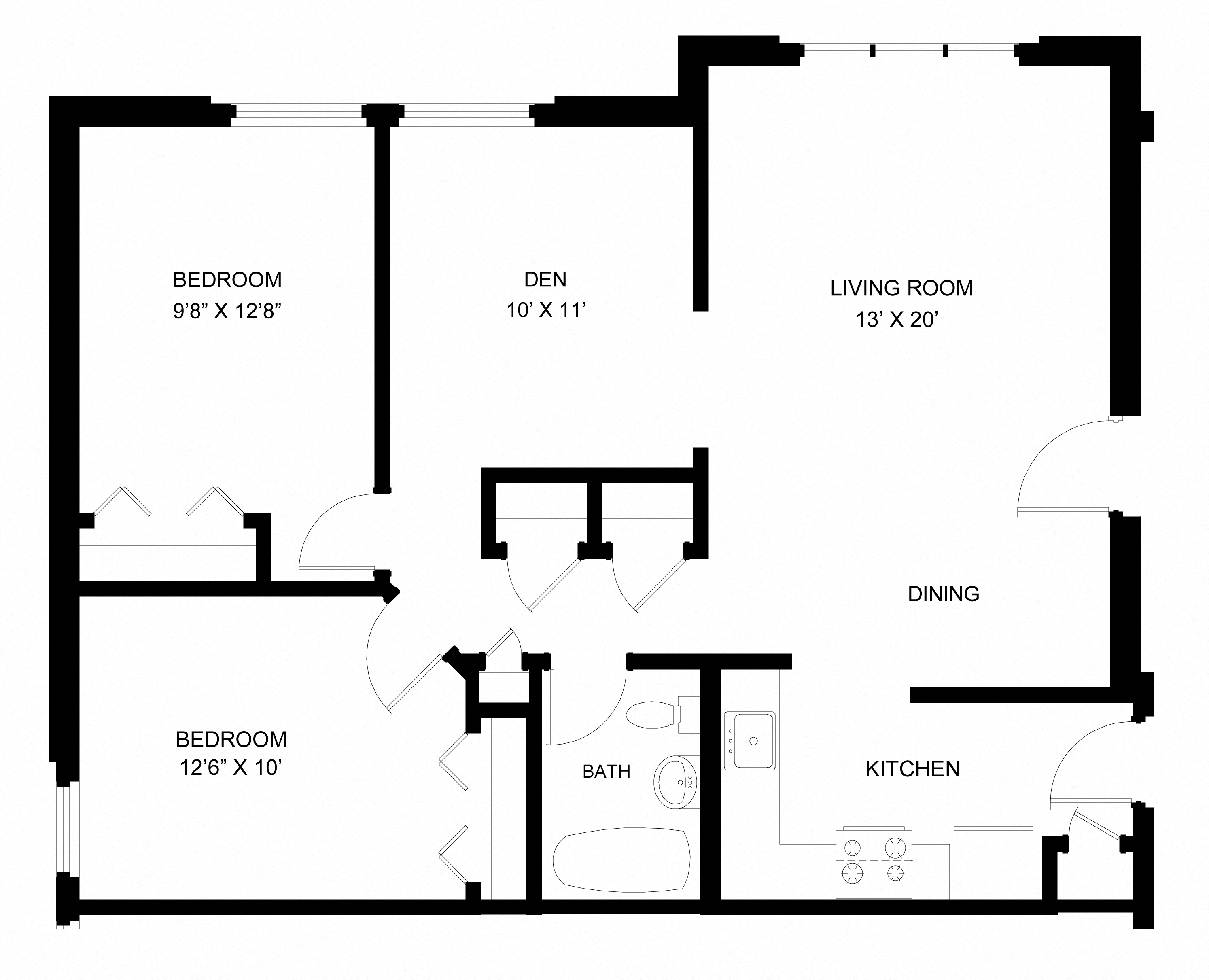 Floor plan for 2 beds, 1 bath, 900 sqft