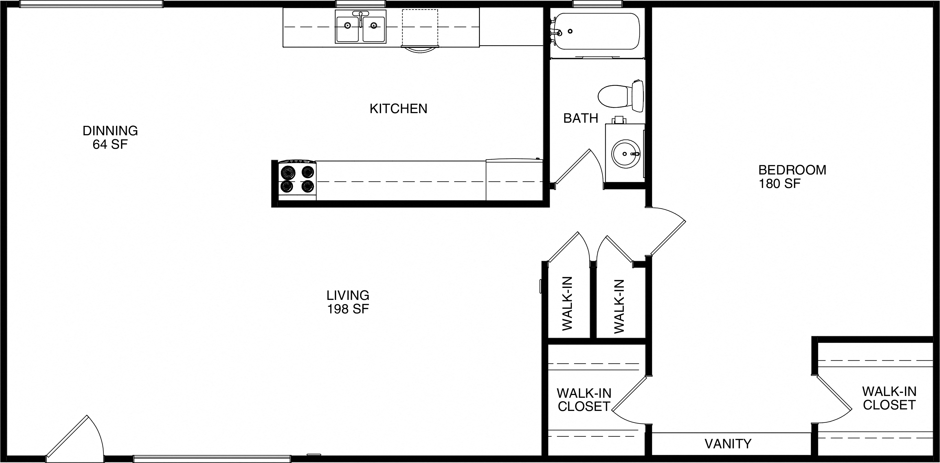 Floor plan for 1 bed, 1 bath, 735 sqft