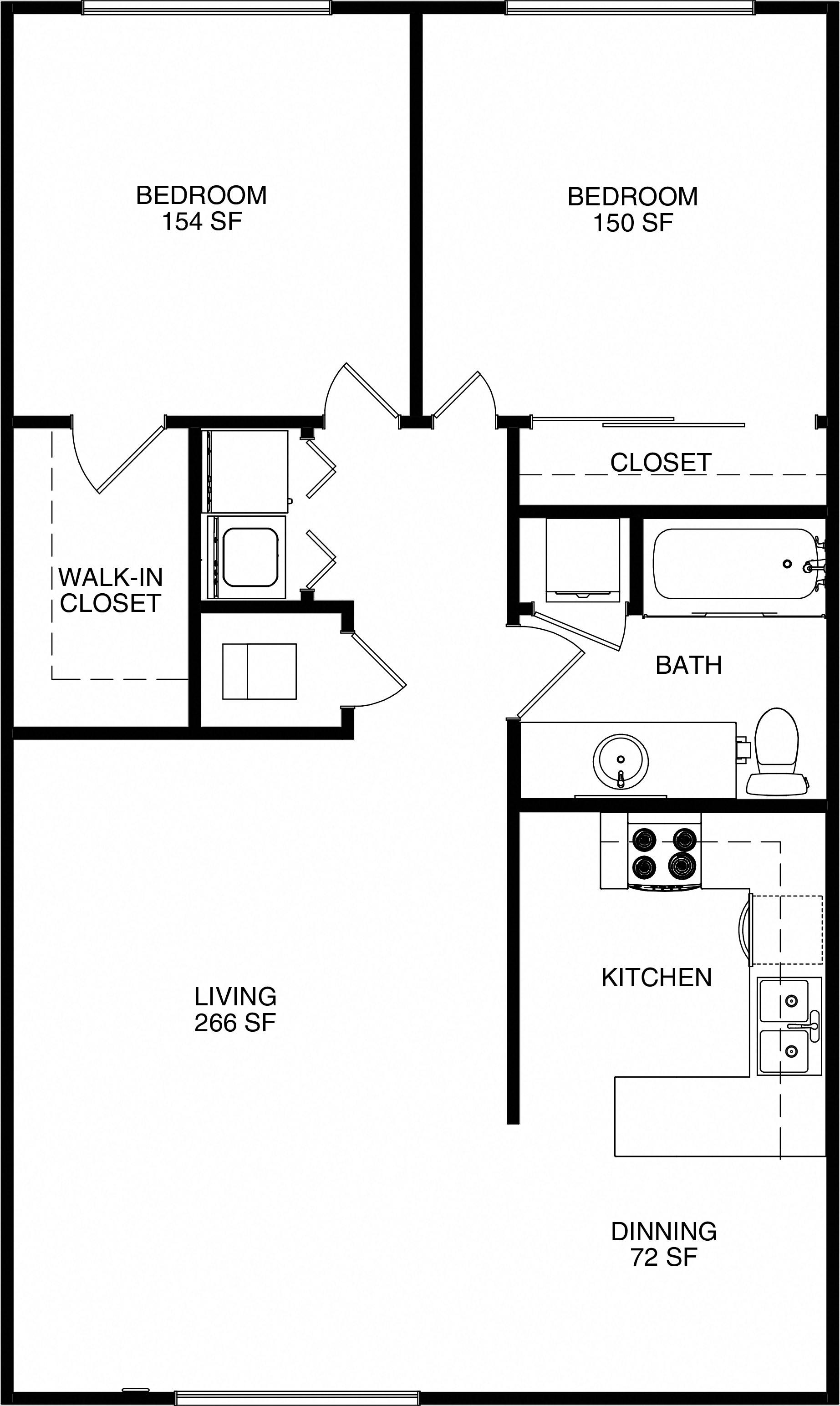 Floor plan for 2 beds, 1 bath, 960 sqft
