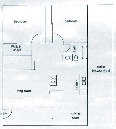 Floor plan for 2 beds, 1 bath, 968 sqft
