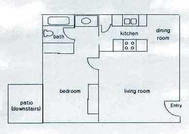 Floor plan for 1 bed, 1 bath, 714 sqft
