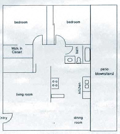 Floor plan for 2 beds, 1 bath, 968 sqft
