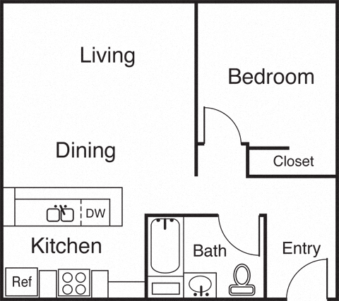 Floor plan for 1 bed, 1 bath, 578 sqft