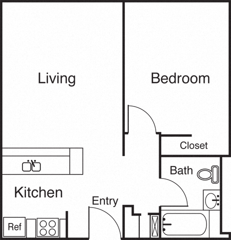 Floor plan for 1 bed, 1 bath, 606 sqft