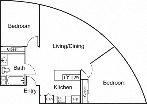 Floor plan for 2 beds, 1 bath, 853 sqft