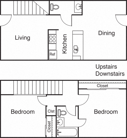 Floor plan for 2 beds, 1.5 baths, 955 sqft