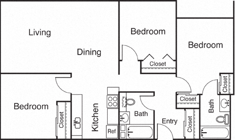 Floor plan for 3 beds, 2 baths, 1093 sqft