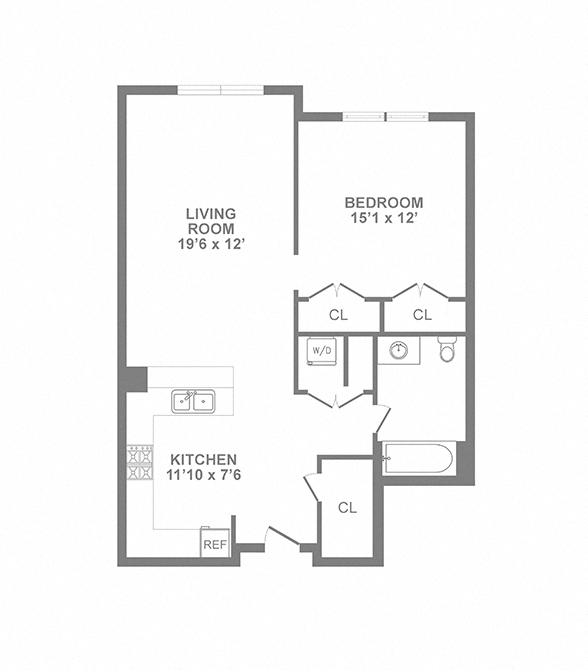 Floor plan for 1 bed, 1 bath, 785 sqft